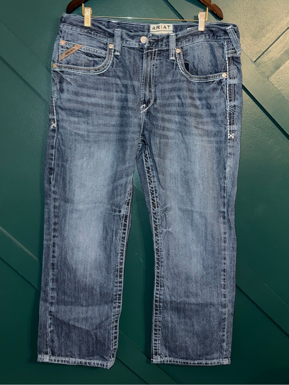 Ariat M4 Jeans Mens 38x30 Blue Relaxed Boot Distressed Medium Wash Pant Western